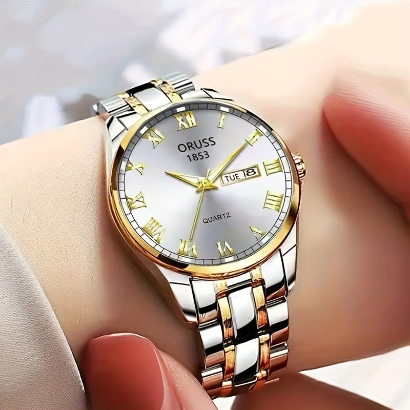 Women's Stainless Steel Quartz Watch with Luminous Dial and Date Display