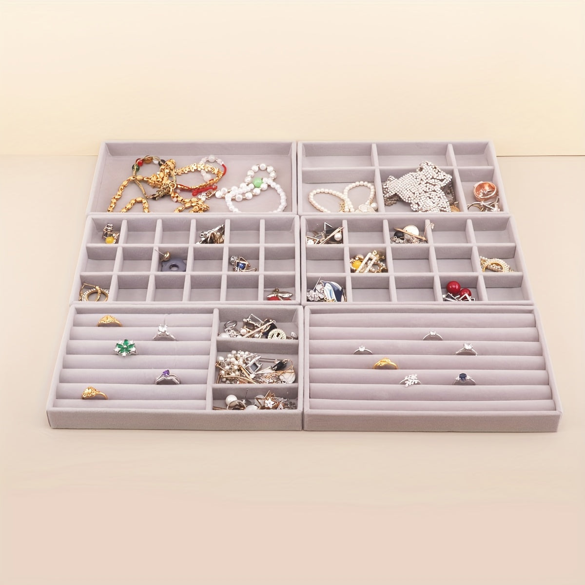 Grey Velvet Jewelry Tray Organizer with Compartments for Necklaces Bracelets Earrings Rings and Watches