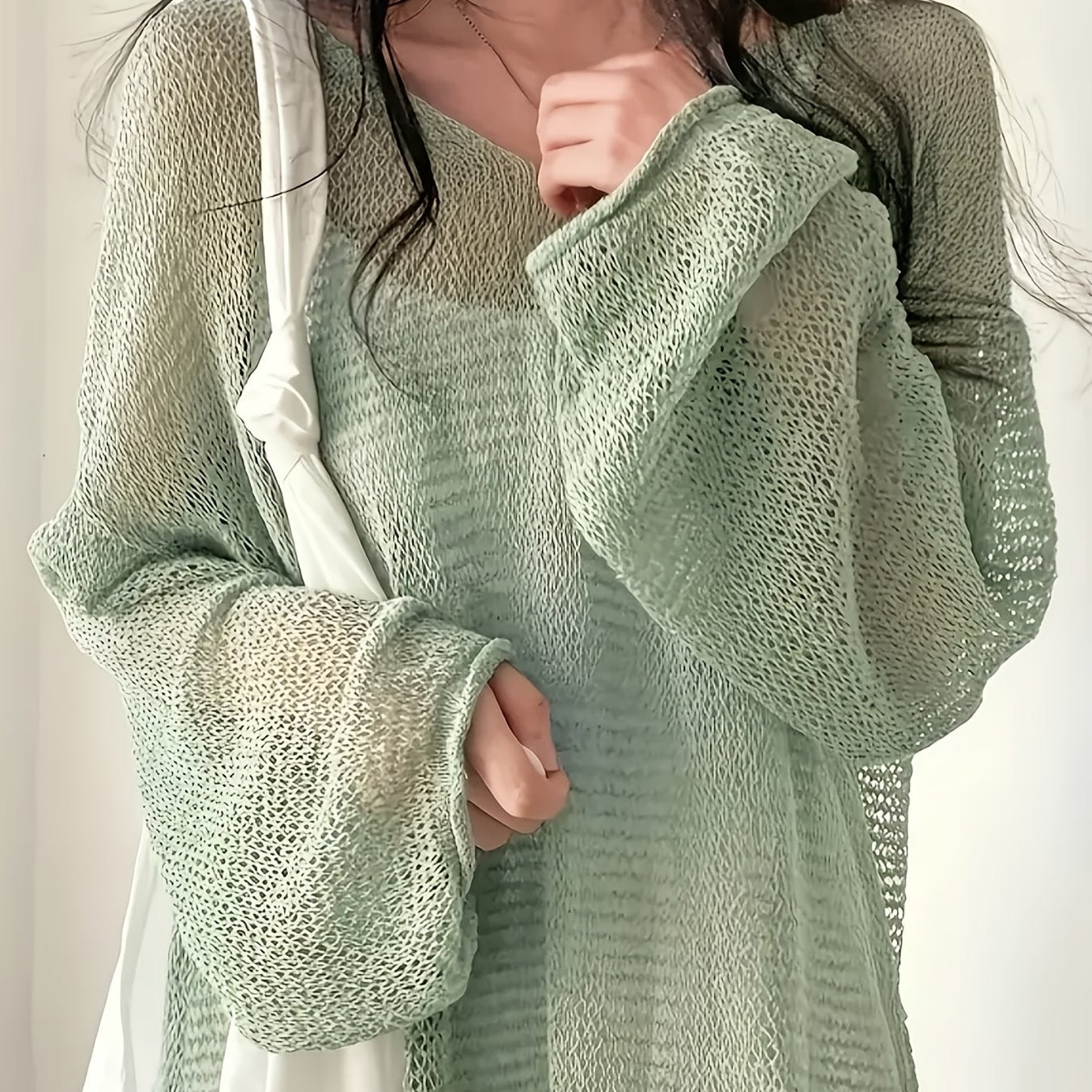 Plus Size Women Light Green V-Neck Cardigan Long Sleeve Loose Fit