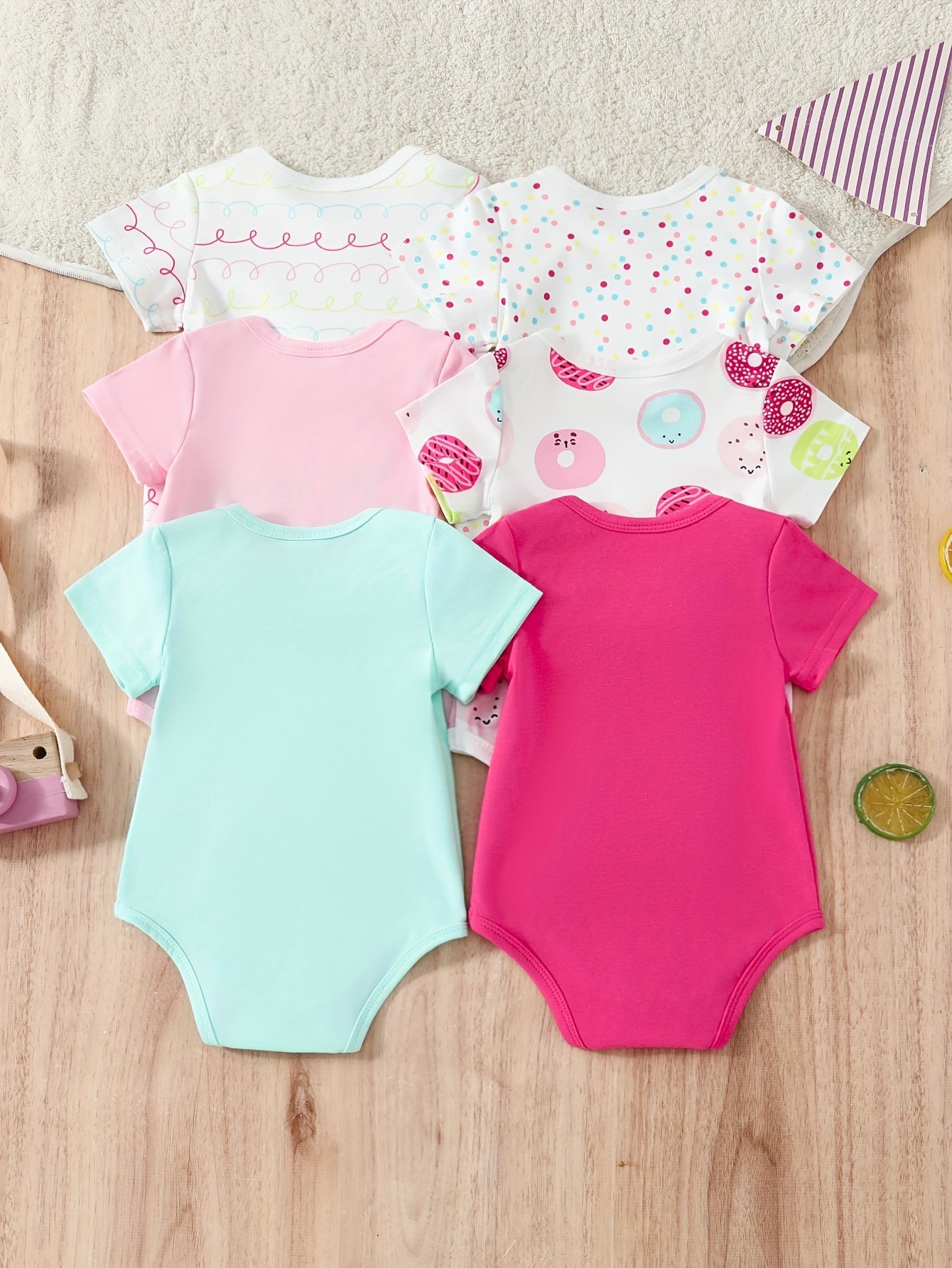 Set of 6 Baby Girl Cartoon Cake and Donut Rompers Short Sleeve Cotton Spring Summer