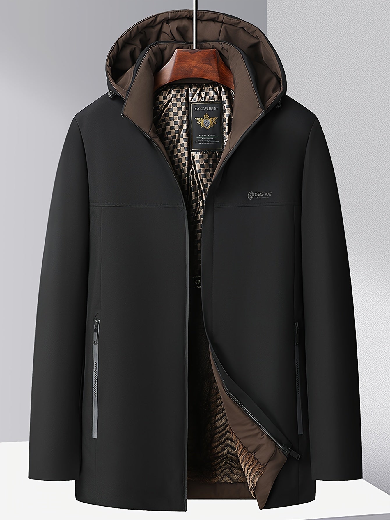 Men's Fleece-Lined Hooded Jacket with Detachable Hat Casual Outdoor Zip Closure