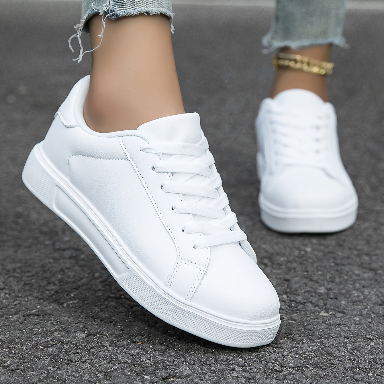 Women's White Casual Sneakers Lightweight EVA Sole Lace-Up All-Season