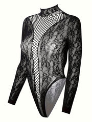 Black Lace Bodysuit for Women with Fishnet Details and High Neck
