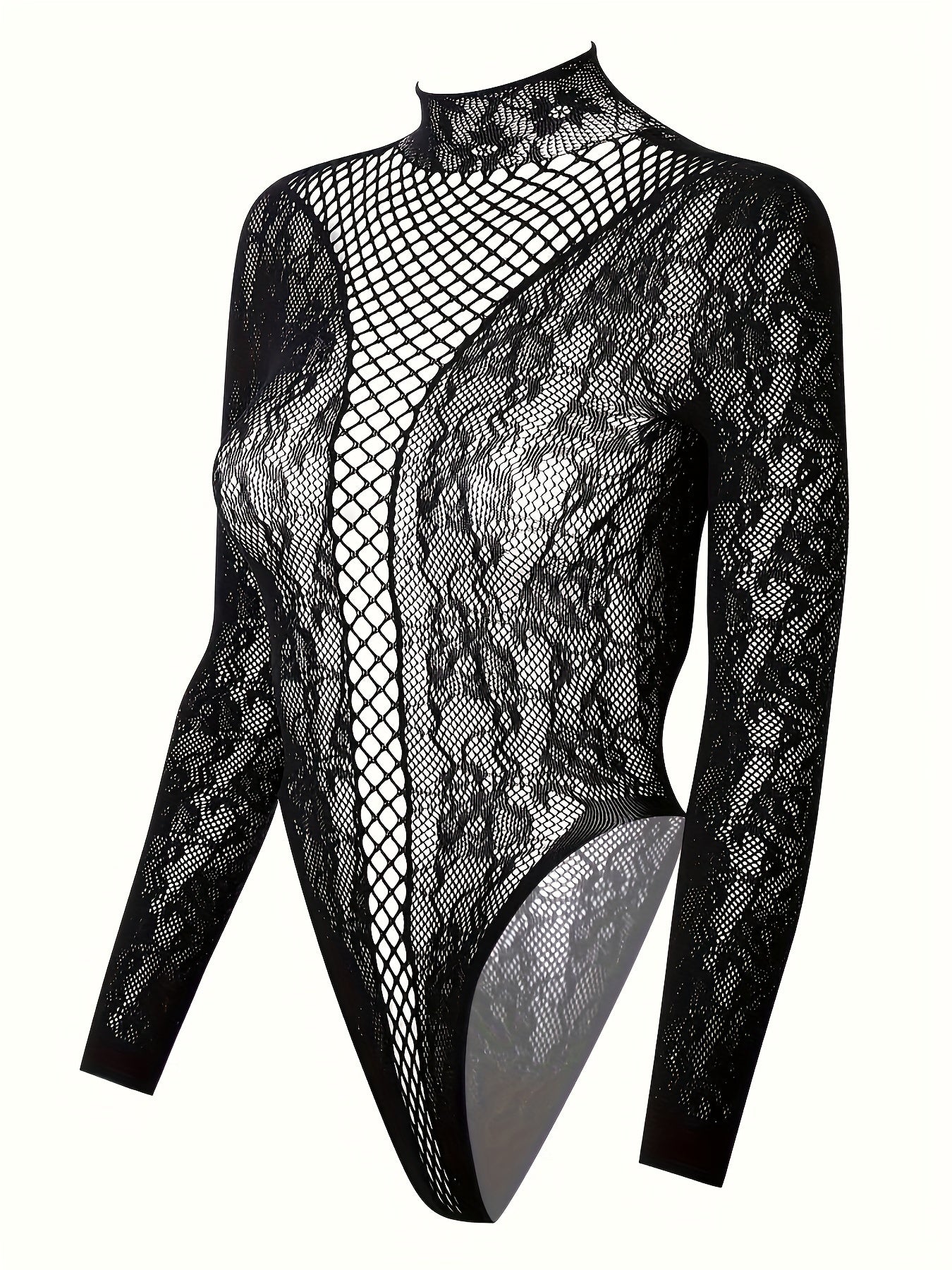Black Lace Bodysuit for Women with Fishnet Details and High Neck