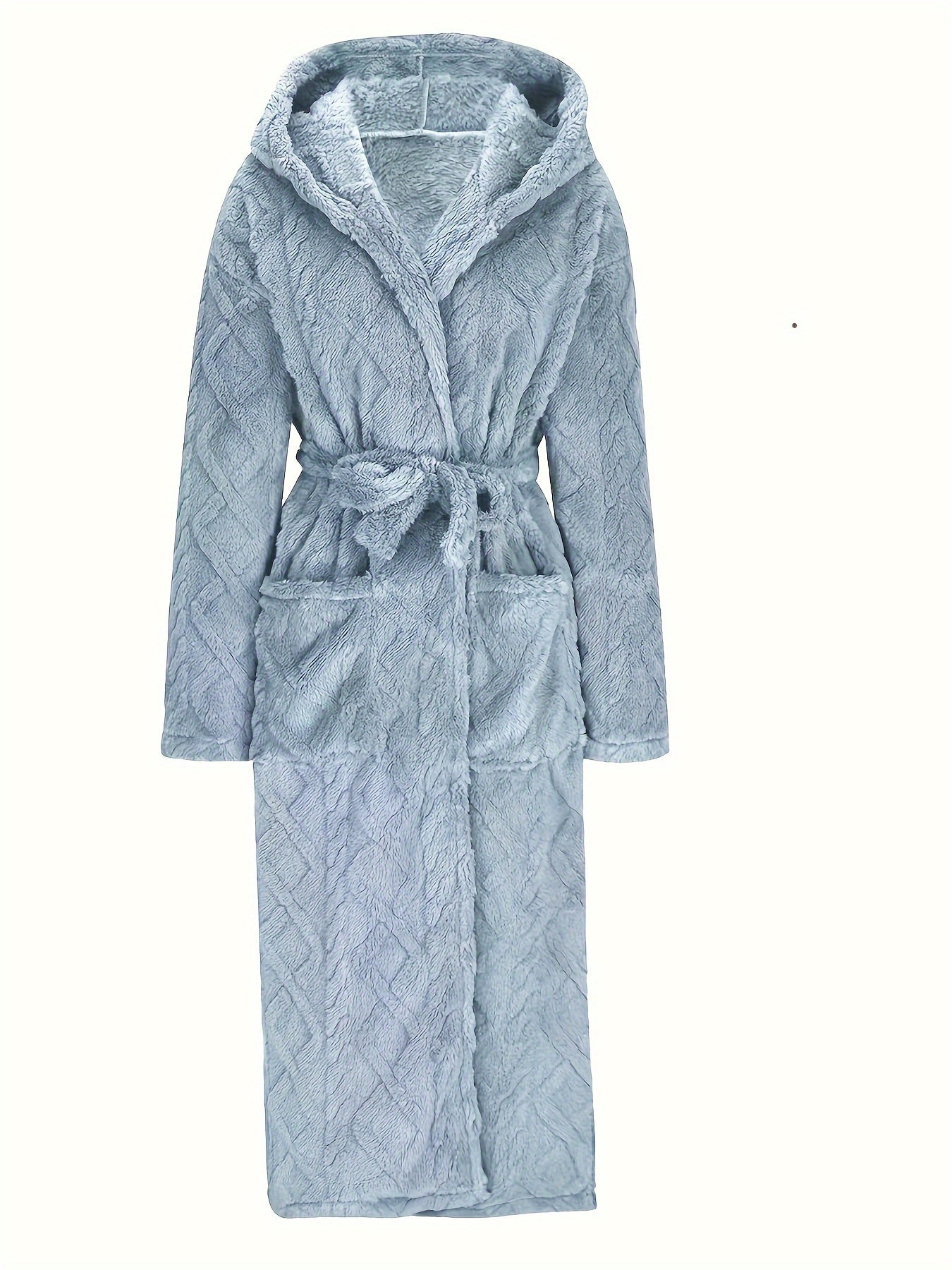Men's Over-the-Knee Fleece Bathrobe with V-Neck, Blue Quilted Design for Winter