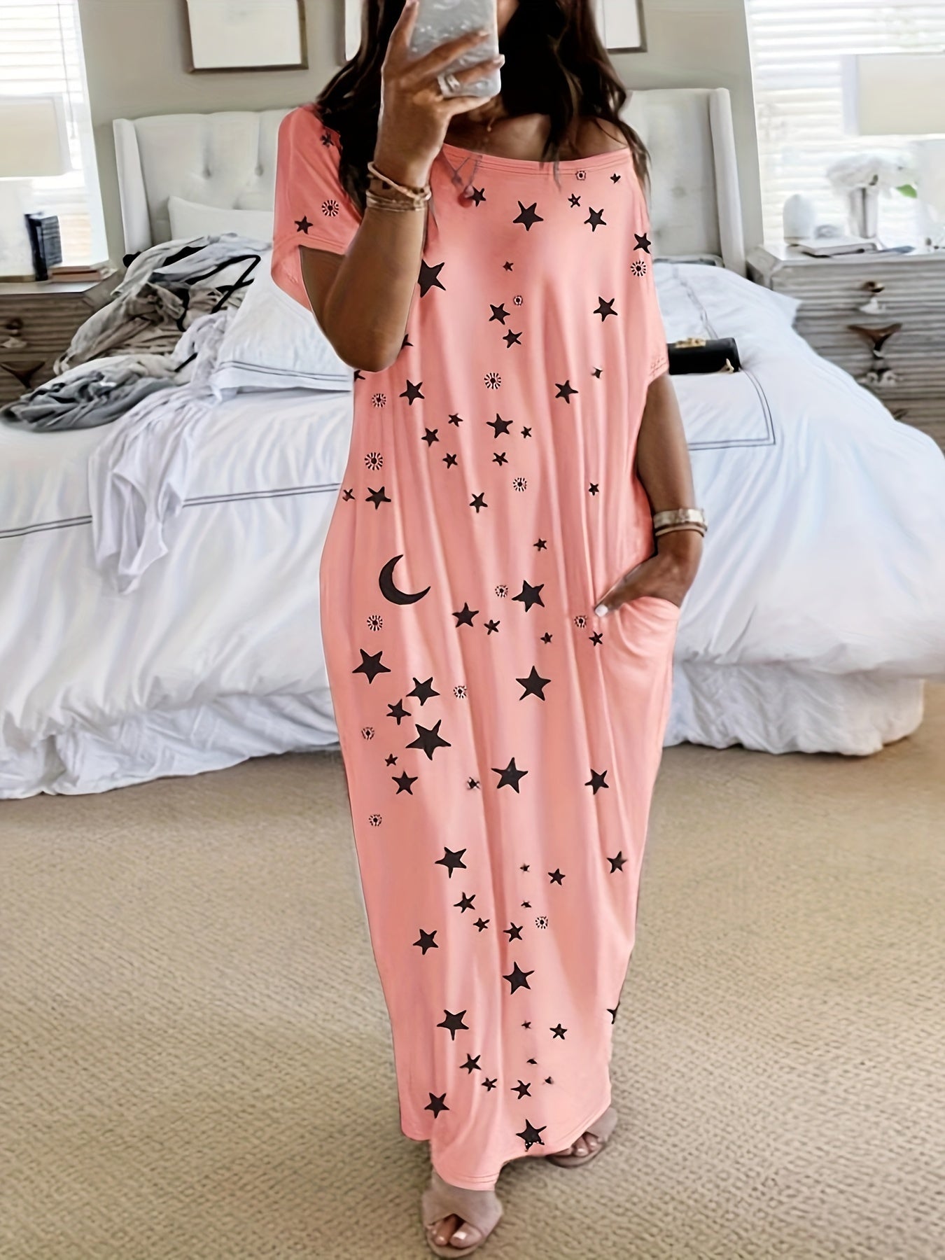 Women's Lounge Dress Plus Size Tie Dye Butterfly Heart Print One Shoulder Sleep Dress With Pockets