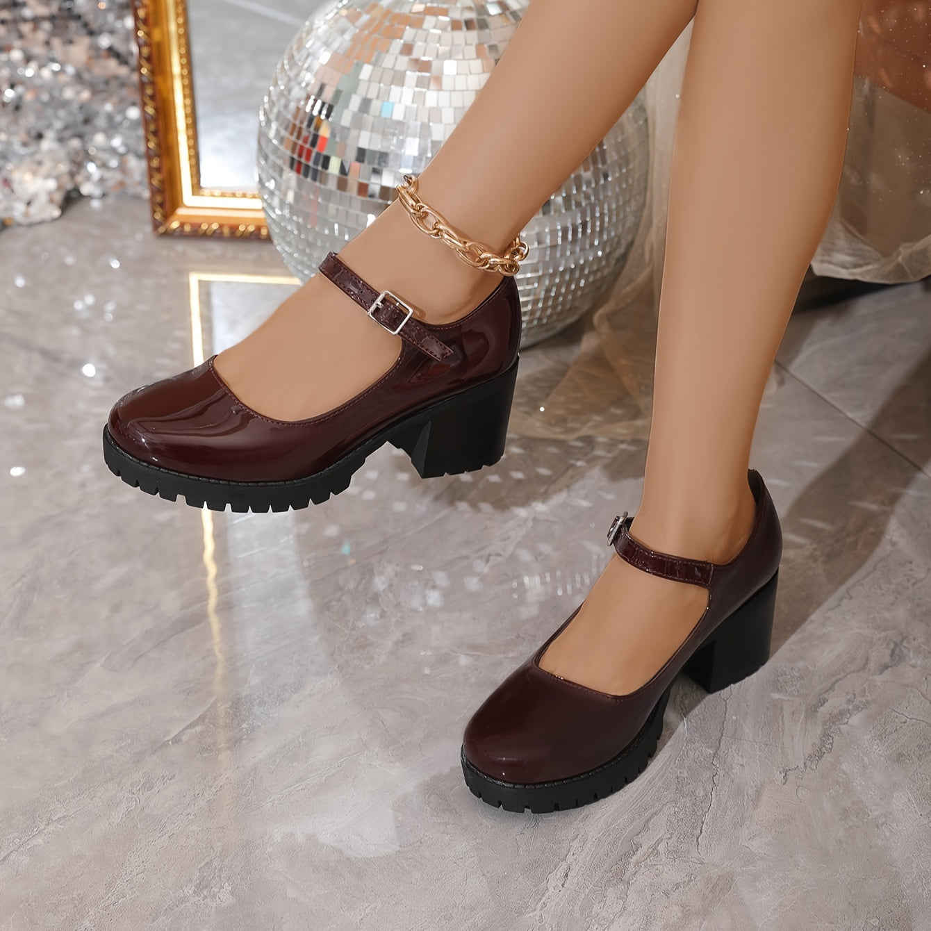 Women's Solid Color Chunky Heels Dress Pumps with Buckle Strap