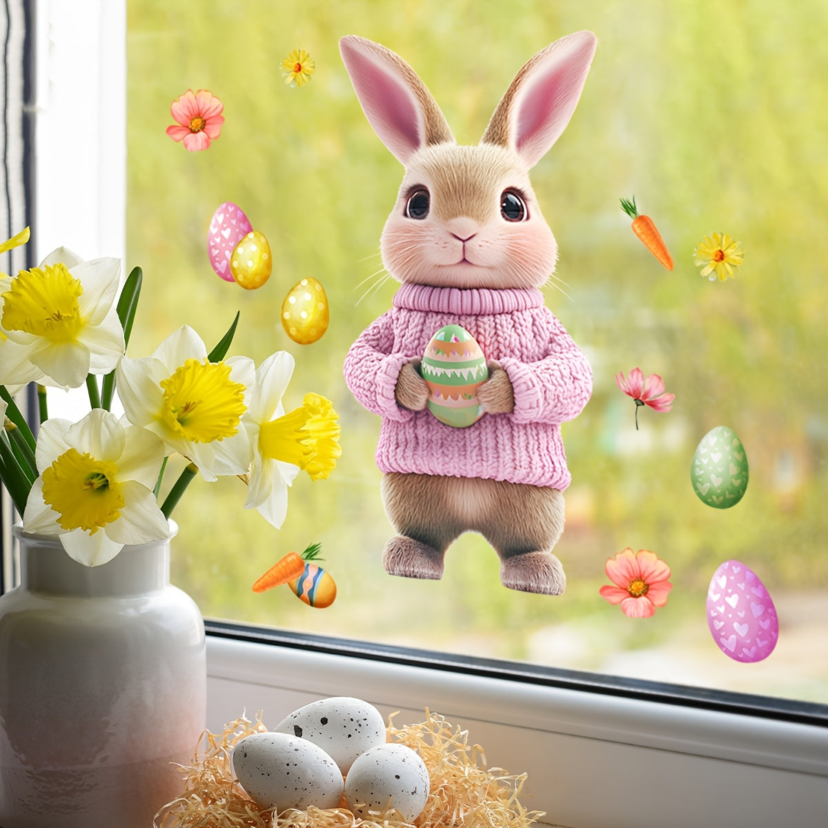 Reusable Easter Bunny and Egg Glass Window Cling Dual-Sided Self-Adhesive Decor