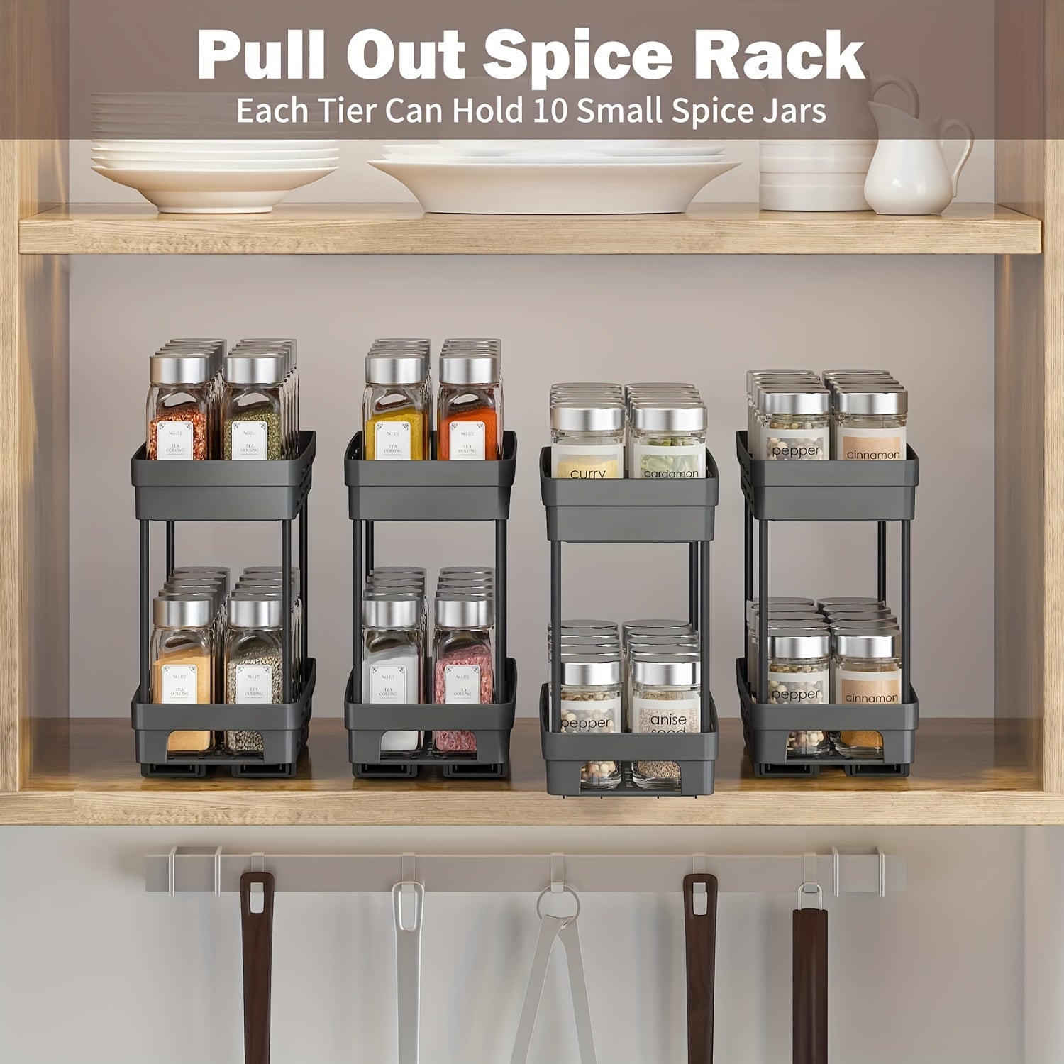 Set of 3 Pull-Out Spice Rack Organizers for Cabinets, Space-Saving, Holds 10 Jars