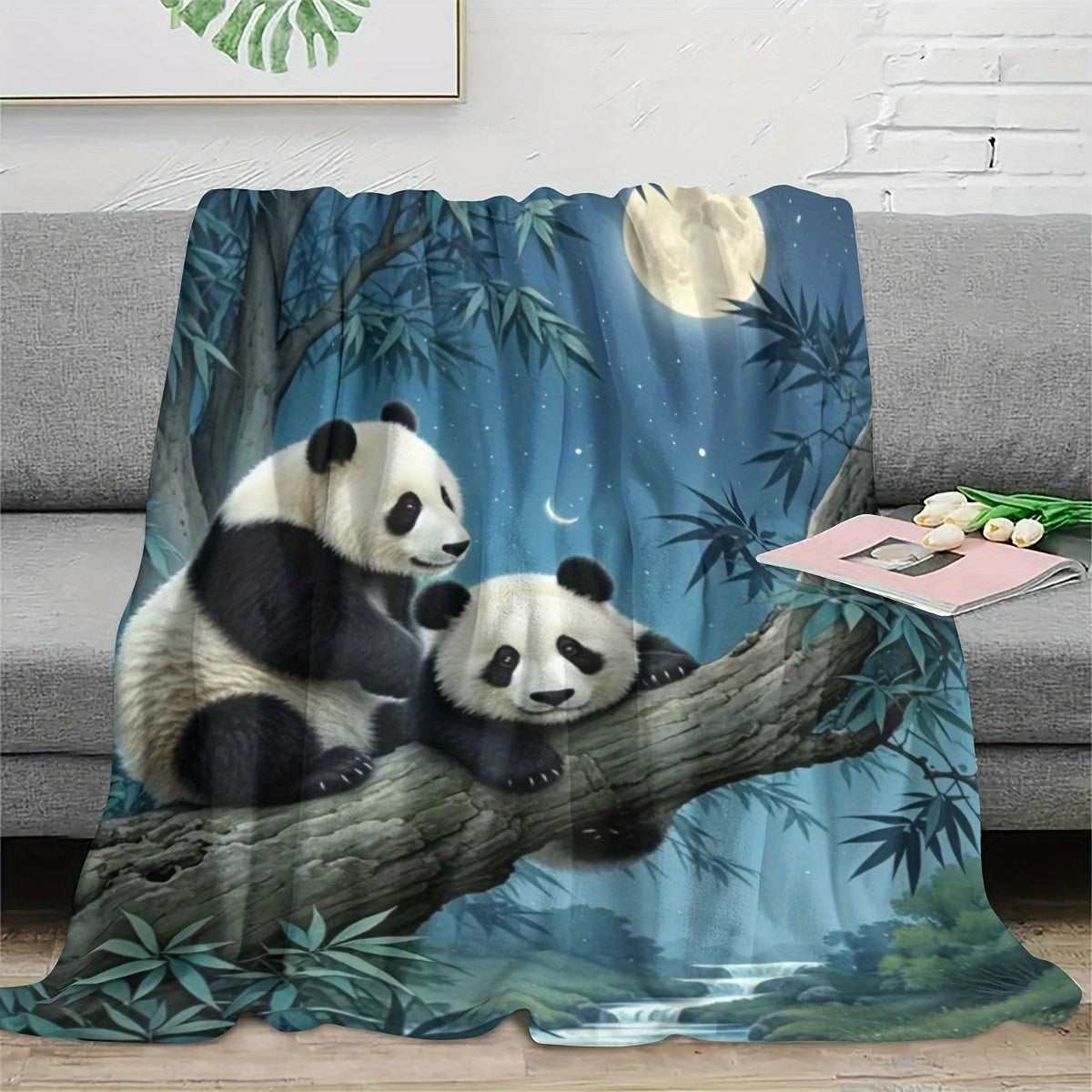 All-Season Flannel Throw Blanket with Panda Moonlight Scene Soft Cozy Polyester Gift for Bed Sofa Living Room