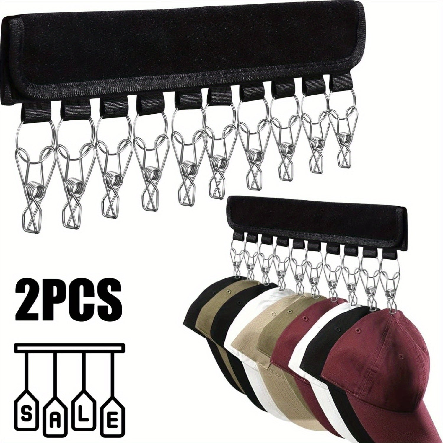 Juego de 2 colgadores de sombreros de poliéster con 20 clips de acero inoxidable para gorras, calcetines y corbatas