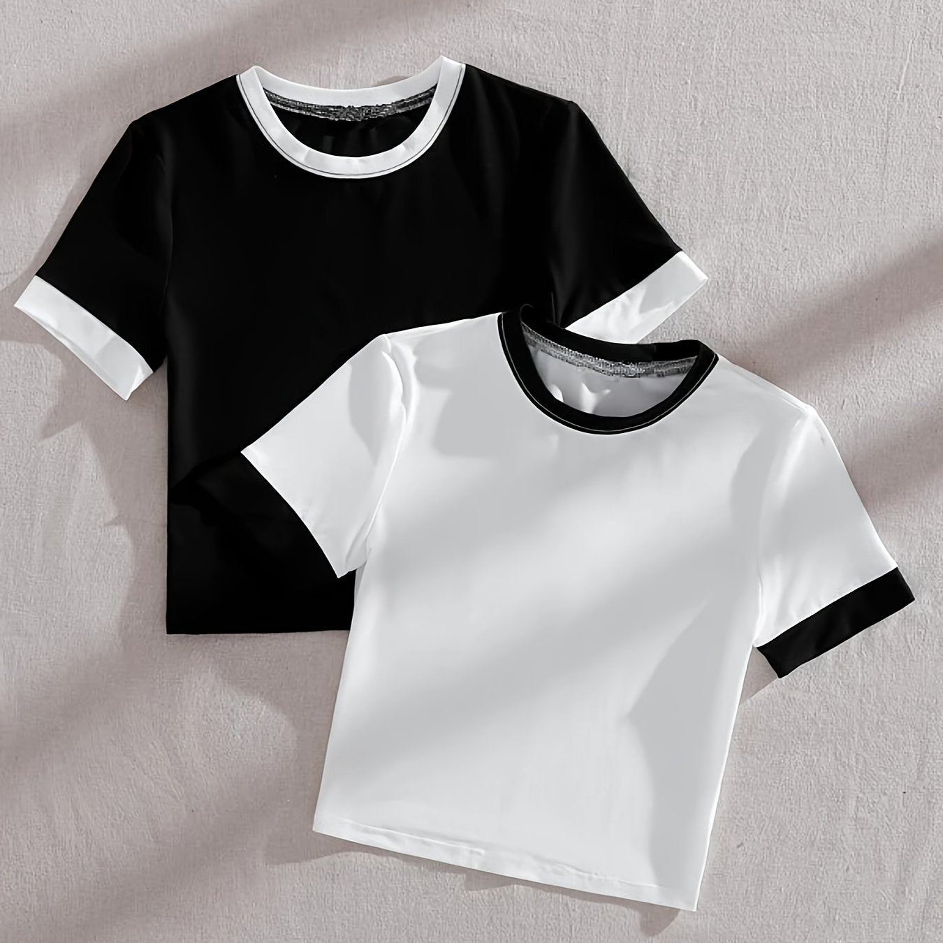 Women's Summer Short Sleeve Splicing Top Solid Color Slim Fit Polyester Knit Crew Neck Casual