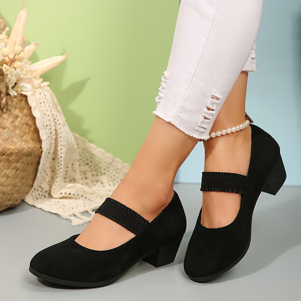 Women's Plus Size Chunky Heel Pumps Black Slip-On Comfort Shoes
