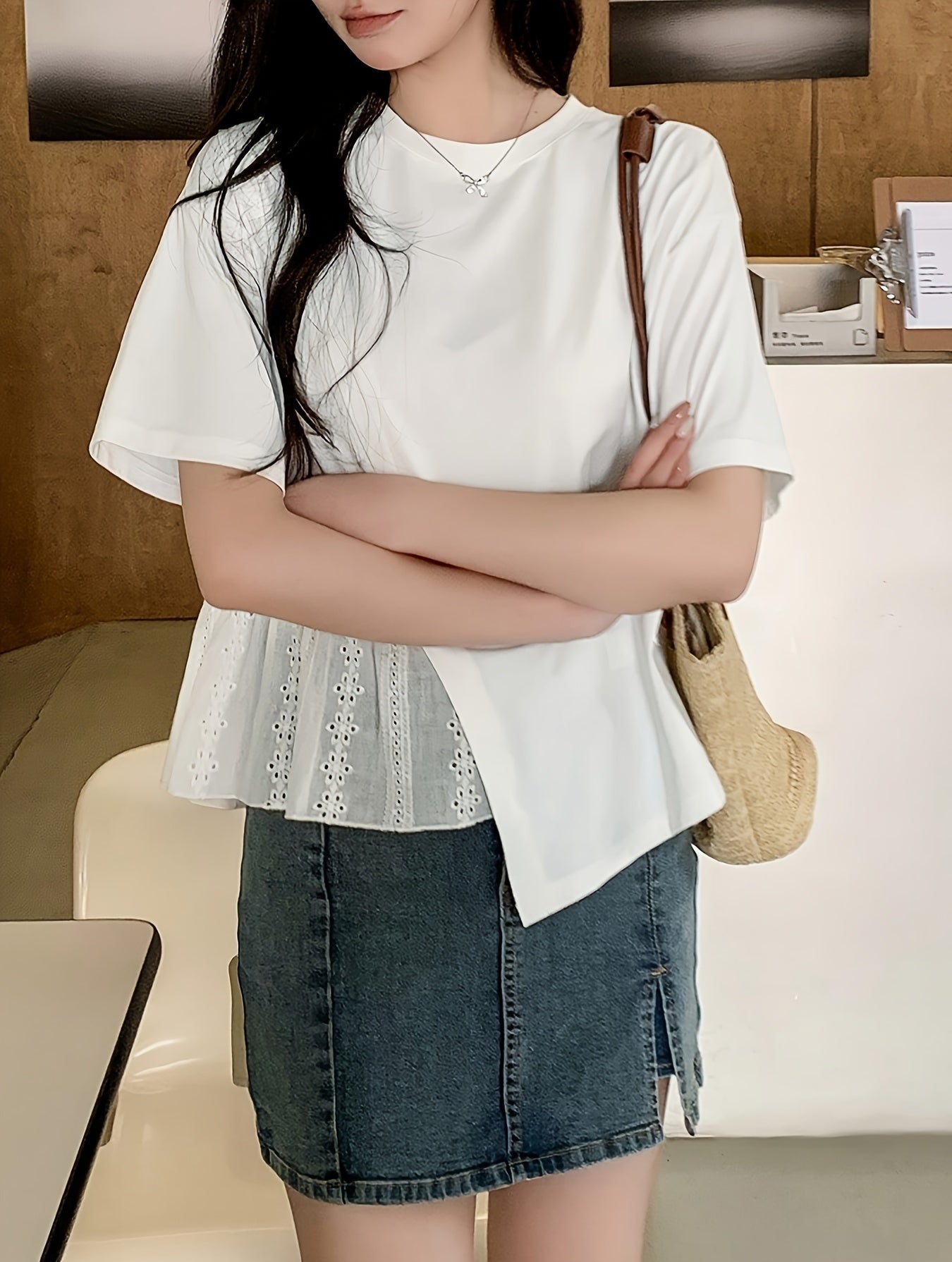 Women's Y2K Asymmetrical Hem 2-in-1 T-Shirt Solid Color Short Sleeve