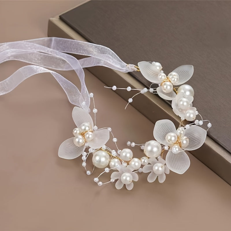 Romantic Bridal Headpiece with Faux Pearls Floral Wreath Ribbon Tie