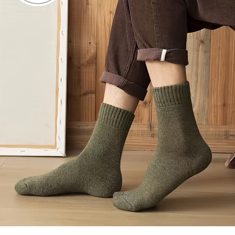 Men's Thickened Warm Mid-Calf Socks Set of 3 Solid Colors for Autumn Winter