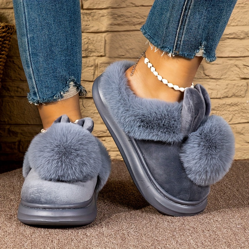 Women's Plush Bunny Ears Slippers Gray Indoor Outdoor Cozy Footwear