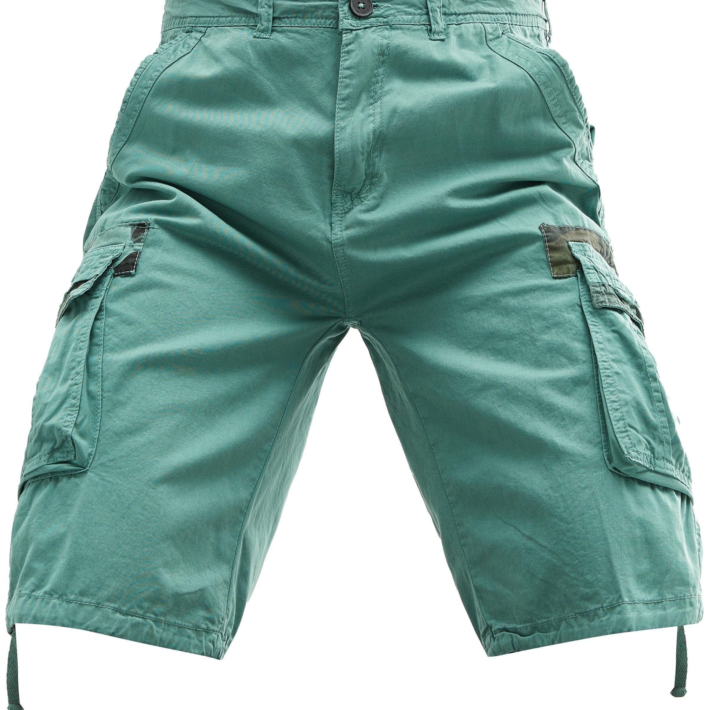 Erkaklar uchun katta o'lchamdagi paxta kargo shortlari, bir rangli ko'cha uslubida, bir nechta cho'ntaklar bilan va oddiy moslashuvda. Cho'zilmaydigan to'qilgan mato.