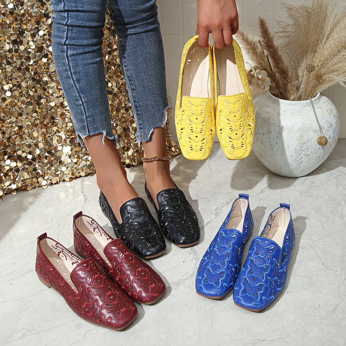 Women's Round Toe Ballet Flats Synthetic Checkered Pattern Cushioned Insole