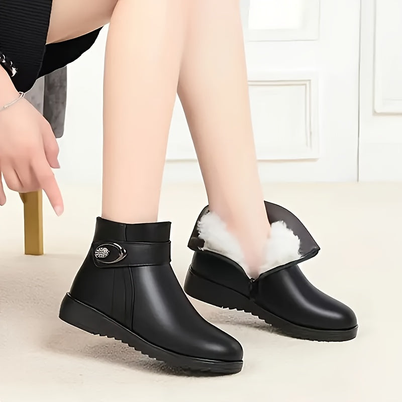 Women's Solid Color Faux Fur Winter Boots With Buckle Zipper