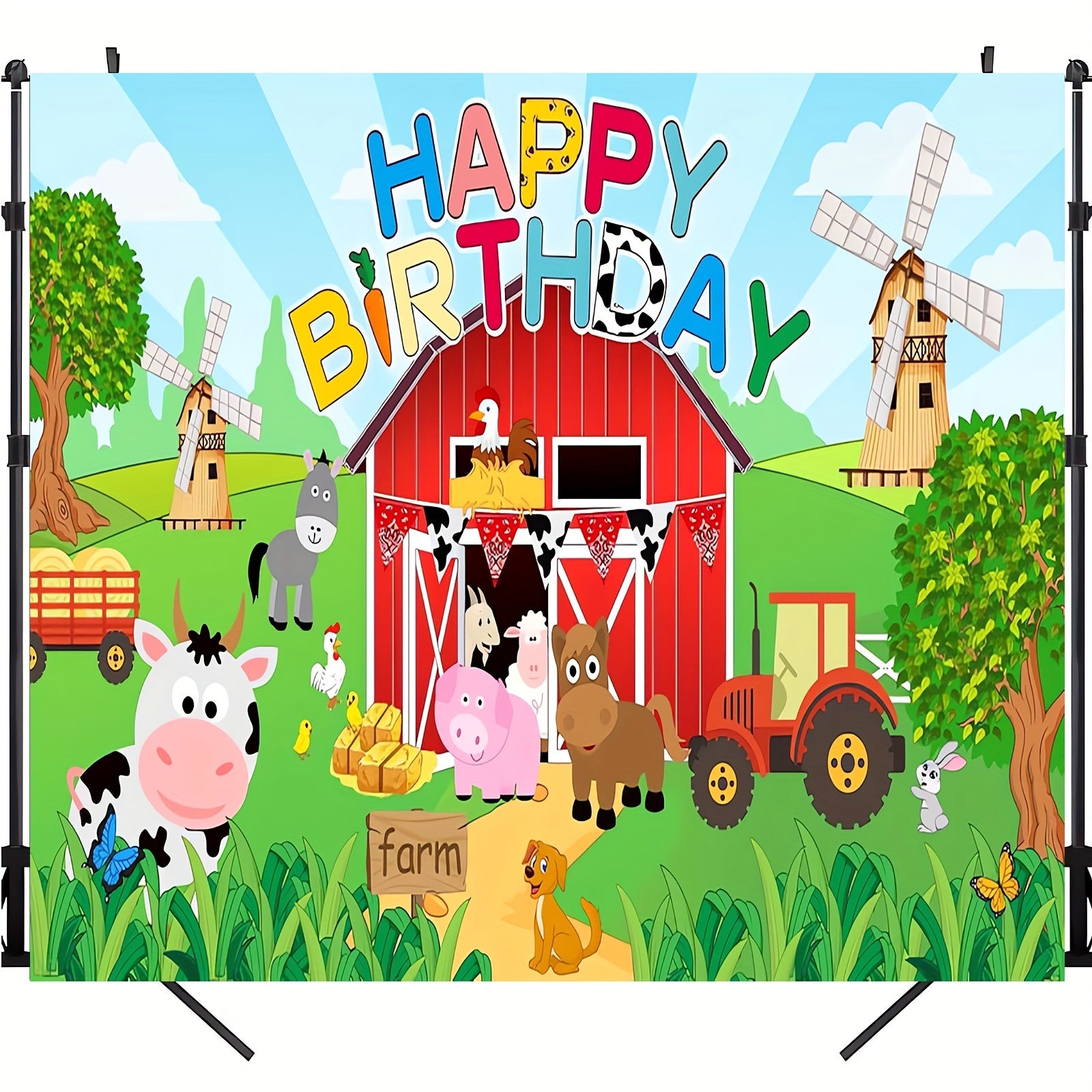 Large Farm Animal Birthday Party Backdrop Polyester Photo Background for Kids Celebrations 129x150cm
