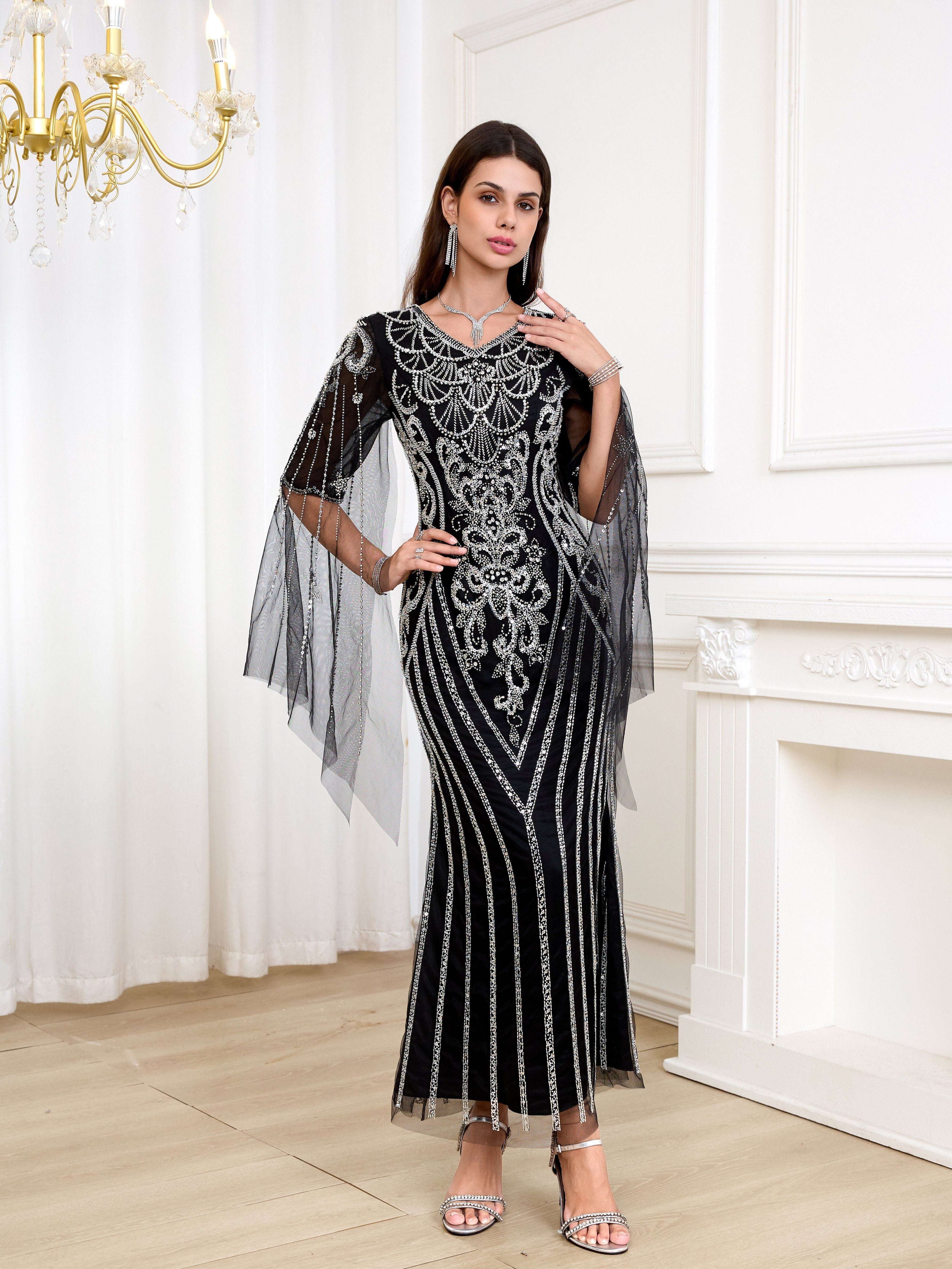 Women's V-Neck Long Dress with Sequin Details for Weddings and Events