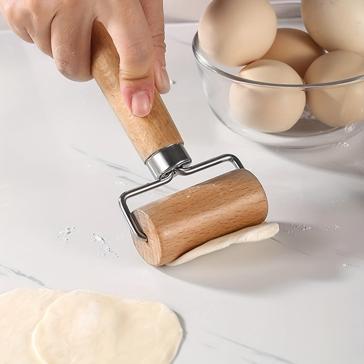 Wooden Rolling Pin with Stainless Steel T-Shaped Dough Roller for Baking and Dumpling Wrappers