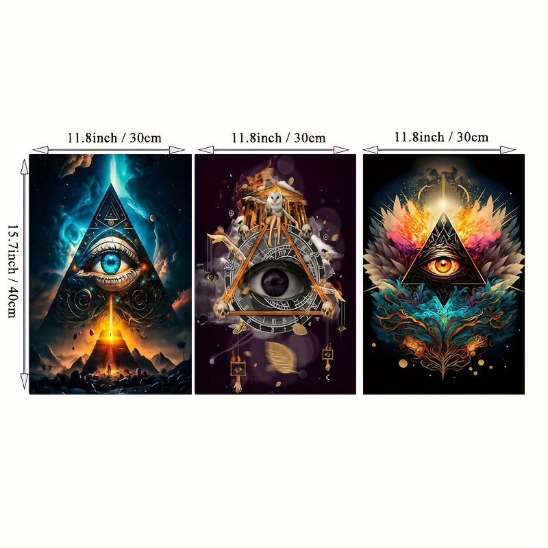 Set of 3 Masonic All Seeing Eye Canvas Wall Art Prints 30x40cm Frameless Mystical Triangle and Eye Decor