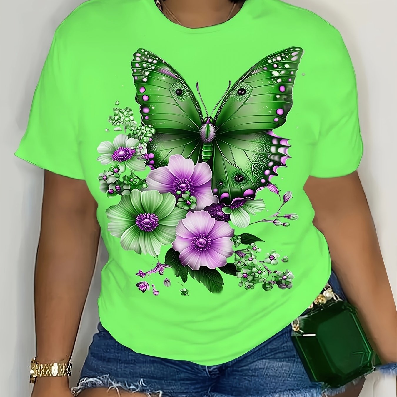 Plus Size Women Floral Print T-Shirt Crew Neck Short Sleeve Summer Top