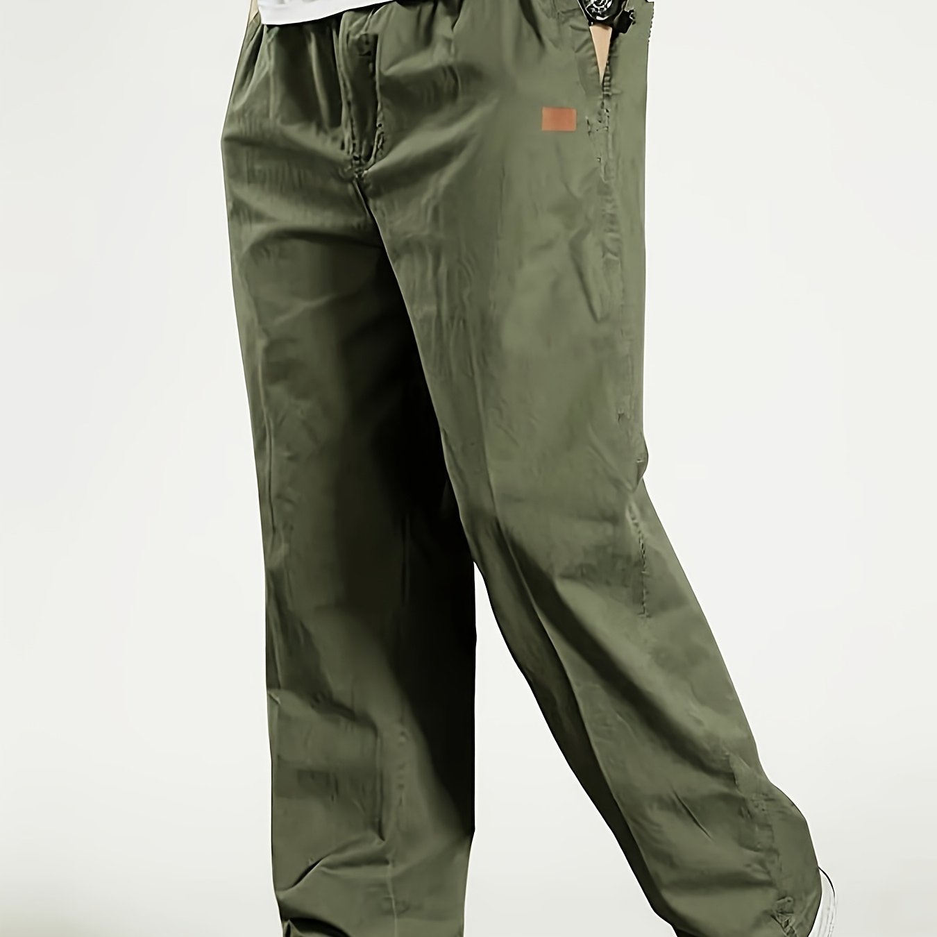 Men's Slim Fit Casual Pants with Pockets, Mid-Rise Drawstring Waist, Breathable Polyester