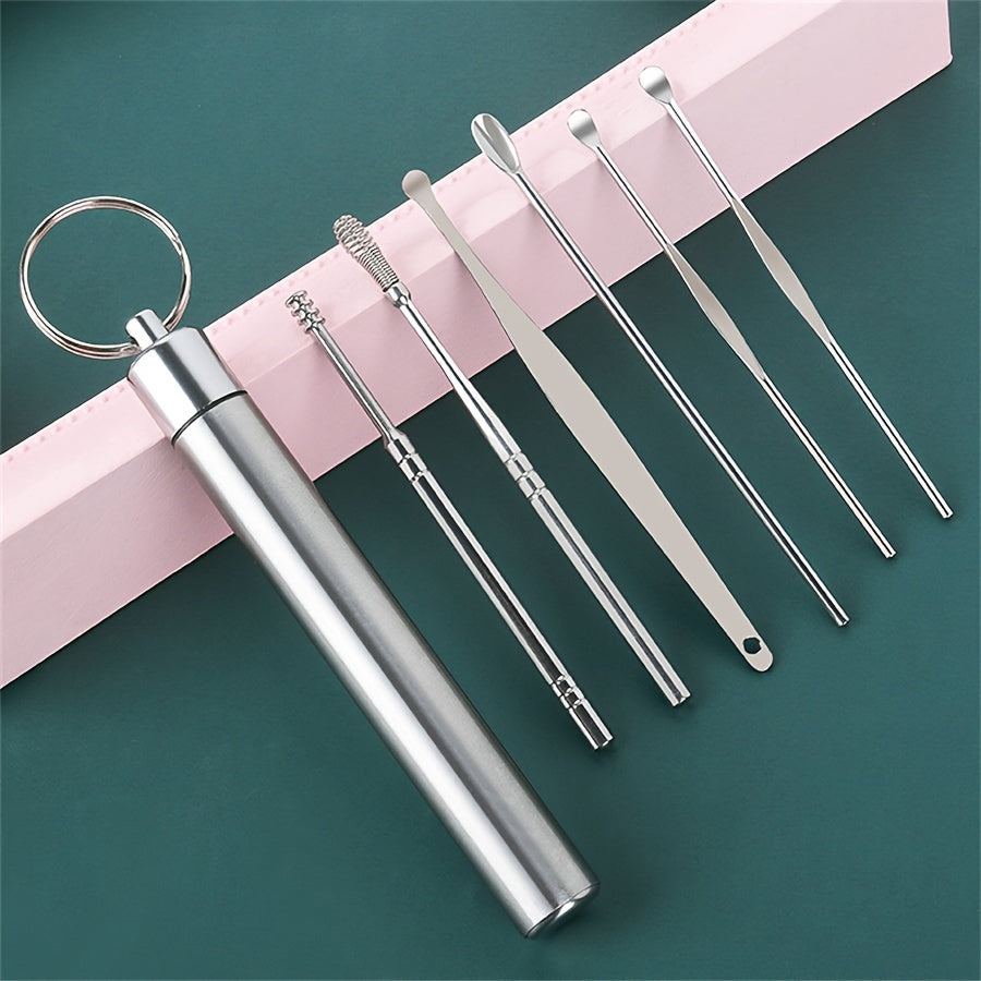 6 Stainless Steel Ear Cleaning Spoons Set Portable Earwax Removal Tools