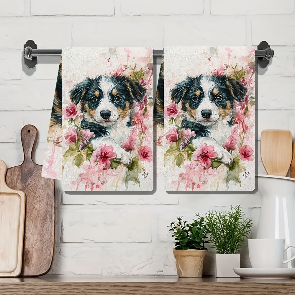 Two Pieces Kitchen Towels Pink Roses Puppy Design Absorbent Quick-Dry