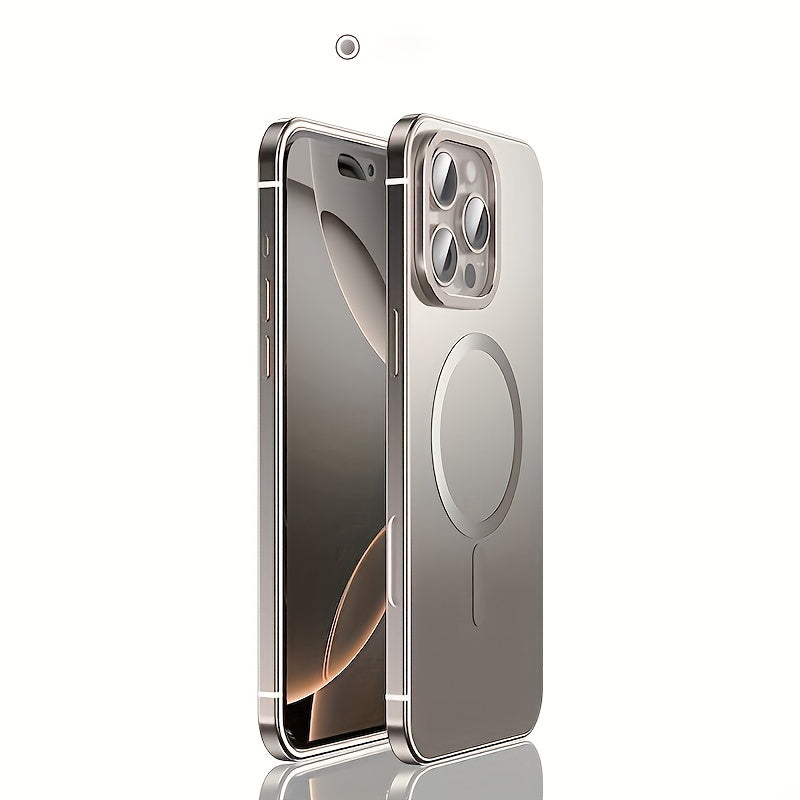 iPhone 16 Pro Max Case Stainless Steel Frame Magnetic Wireless Charging Frosted PC Back Cover