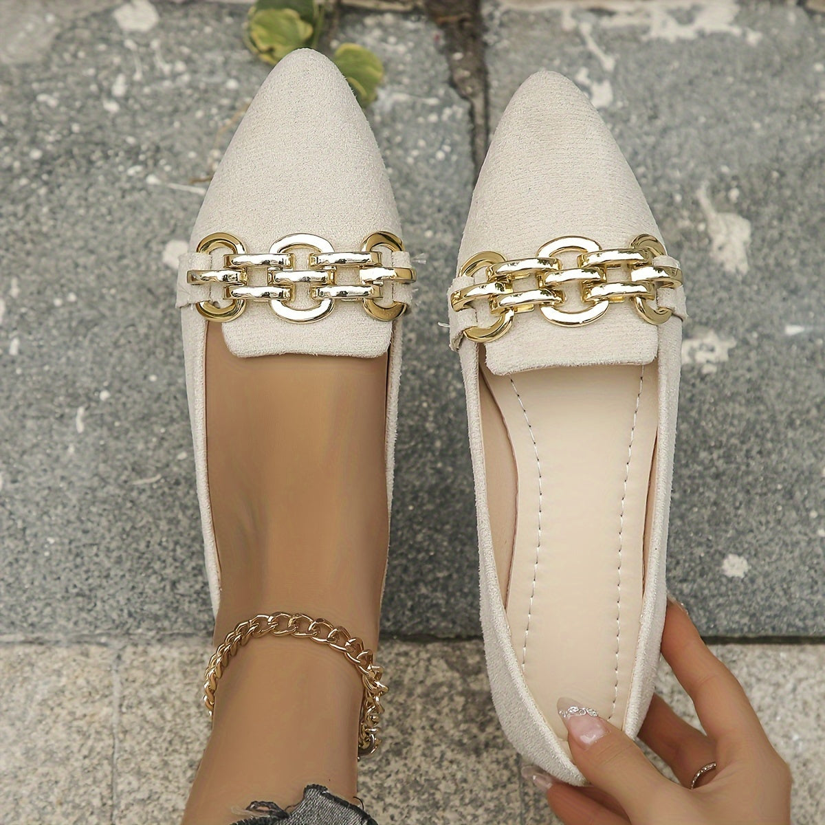 Women's Faux Leather Slip-On Flats with Black Metal Chain Pointed Toe