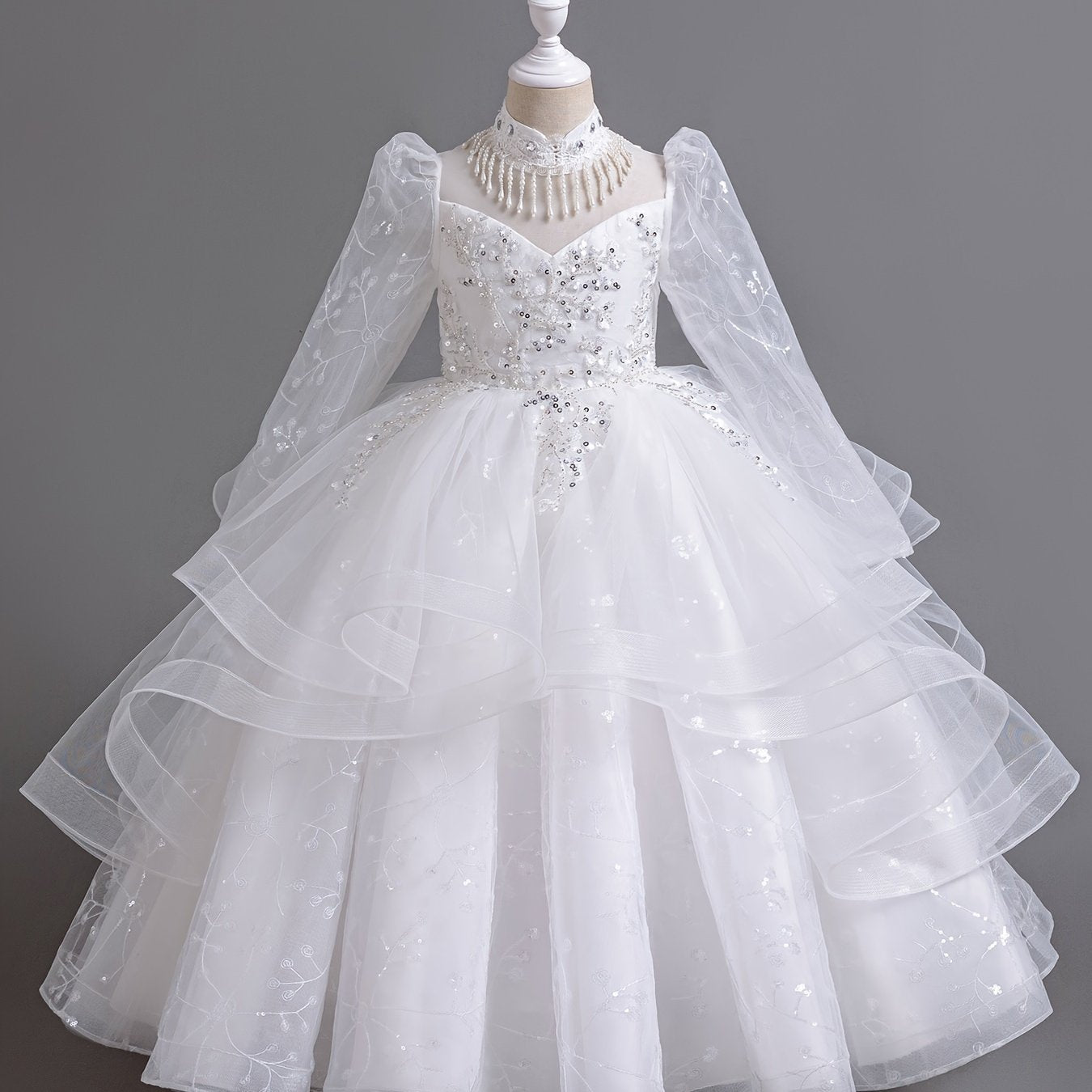 Girls Long Sleeve Evening Gown with Pearl Detail for Girls' Formal Events Polyester Dress