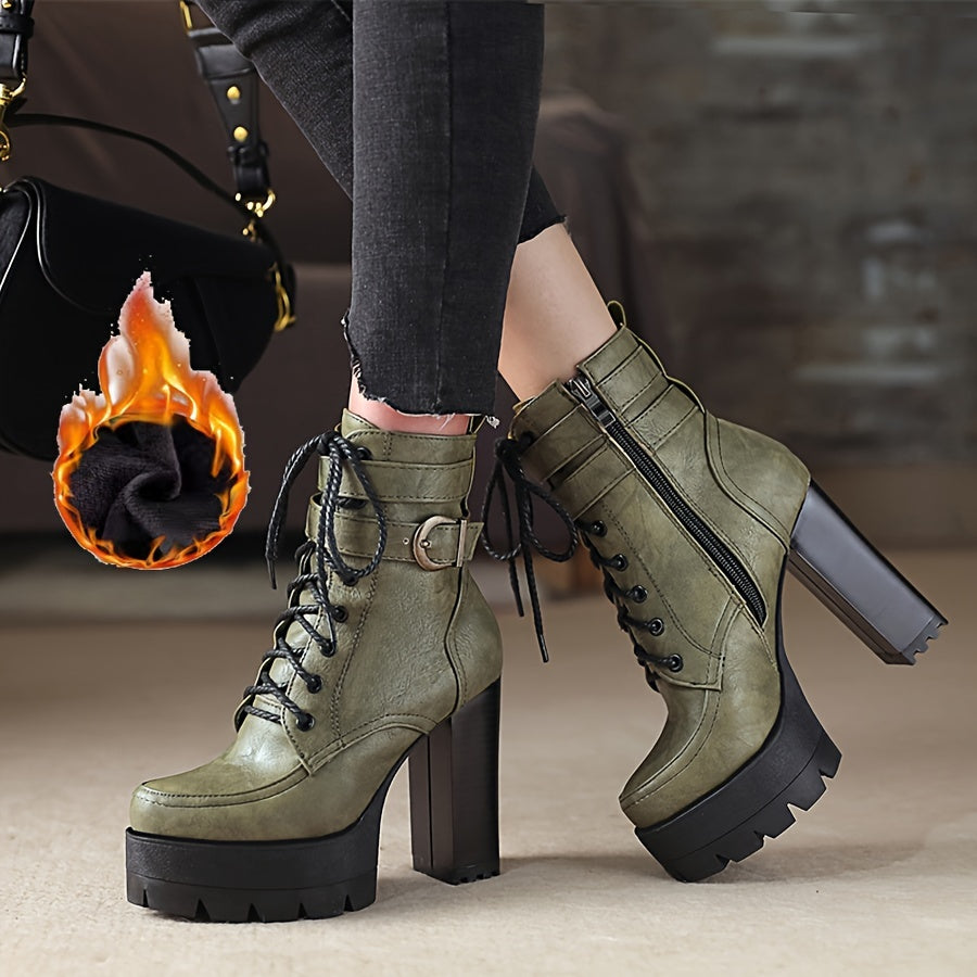 Women's Ankle Boots Thick Sole Side Zipper High Heels Anti-Slip Autumn Winter