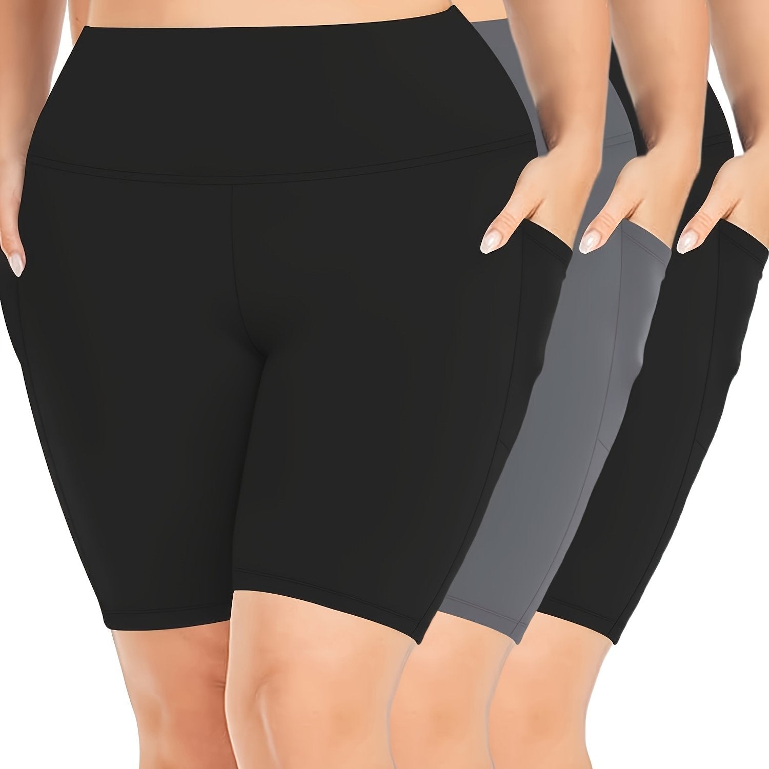 Women High Waist Slim Fit Yoga Pants Three Pack Large Size Side Pockets