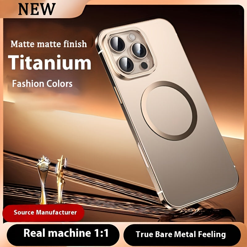 iPhone 16 Pro Max Case Stainless Steel Frame Magnetic Wireless Charging Frosted PC Back Cover