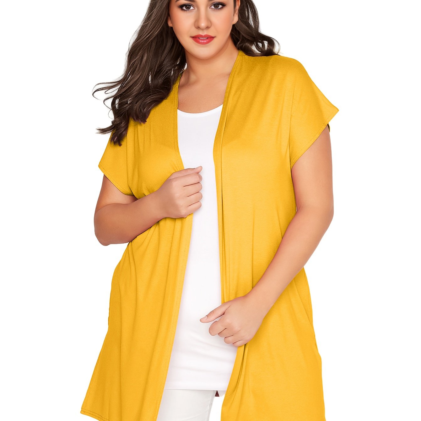 Plus o'lchamdagi ayollar uchun kundalik kardigan qisqa qo'lli va yon bo'laklar bilan