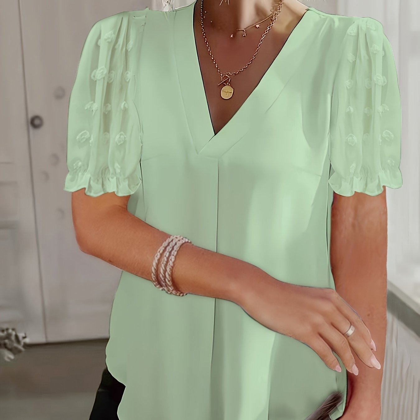 Women's Swiss Dot Mesh V-Neck Blouse Short Sleeve Lace Trim Summer White