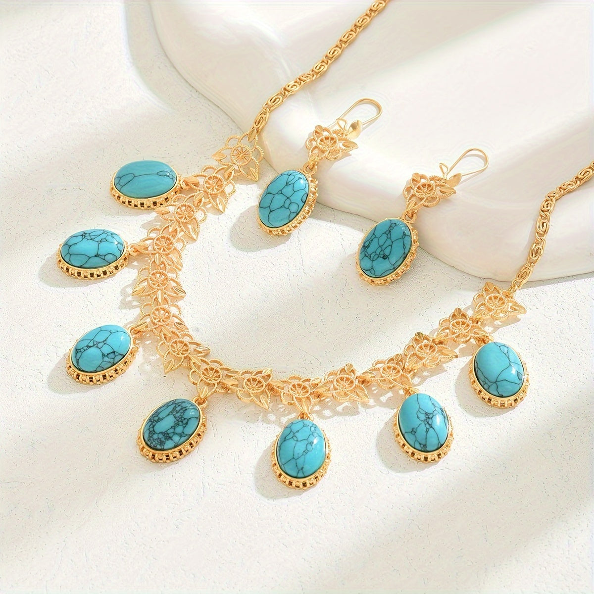 Elegant Bohemian Jewelry Set for Women with Multi-Pendant Stone Earrings and Necklace