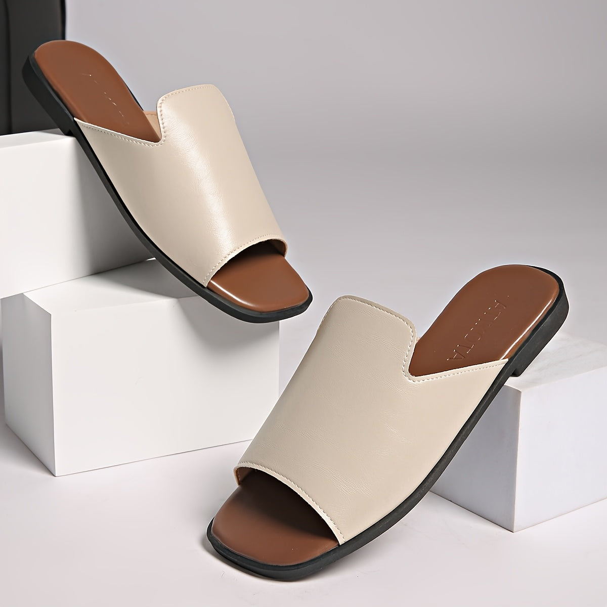 Women's Summer Flat Sandals Black Faux Cover Tan Sole Slip-On Arch Support