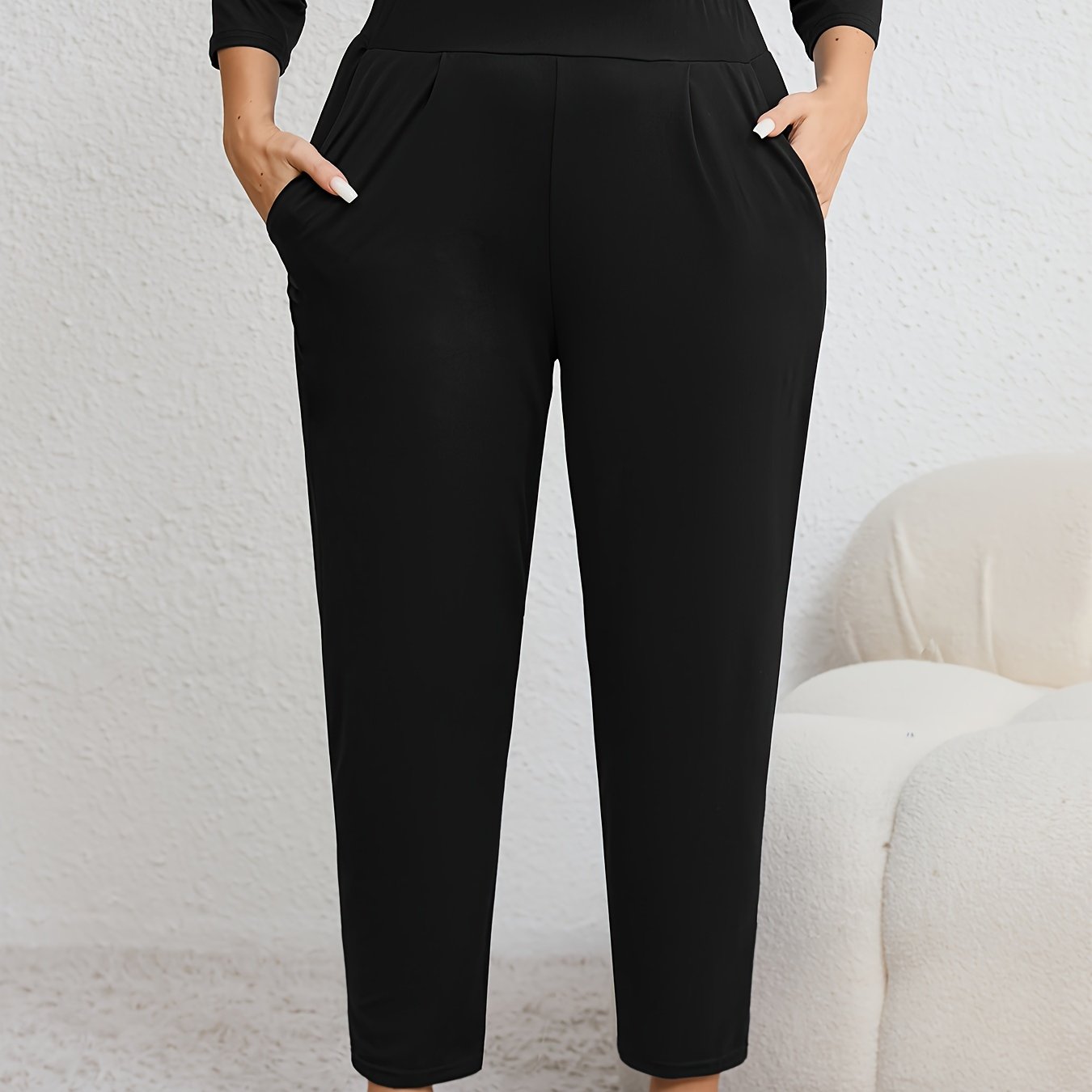 Plus Size Women's Harem Pants with High Elasticity Ruched Waist Pockets for All Seasons