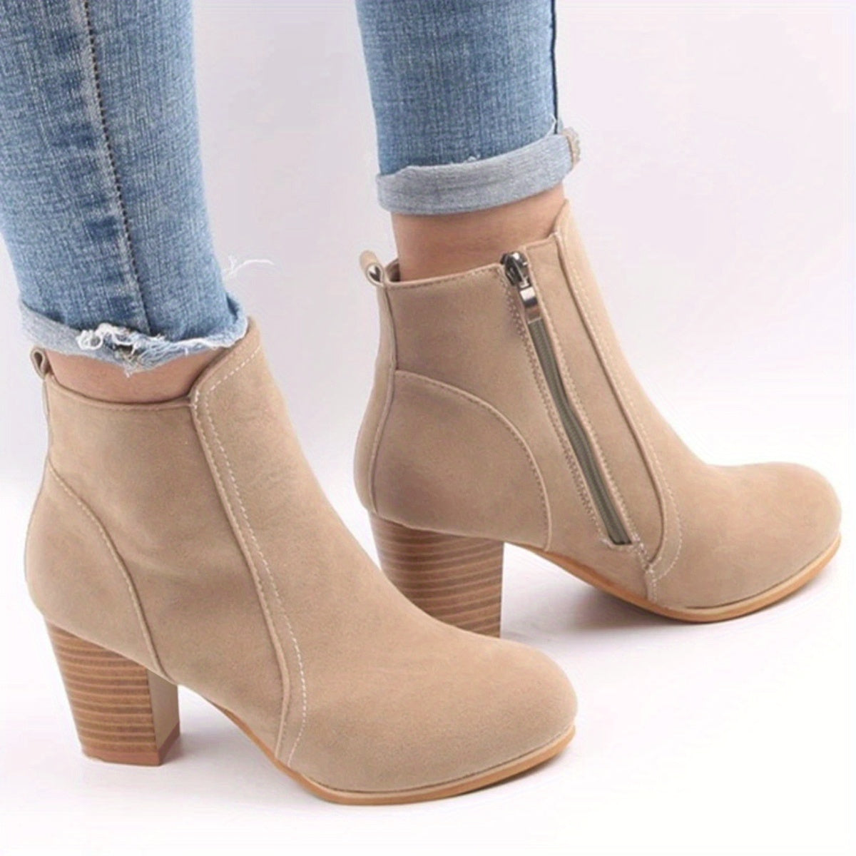 Women's Ankle Boots Fabric Lined Side Zipper Chunky Heel