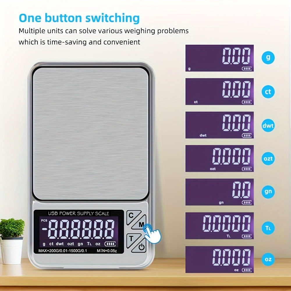 Stainless Steel Jewelry Scale Digital Display 1000g 0.01g Accuracy Rechargeable