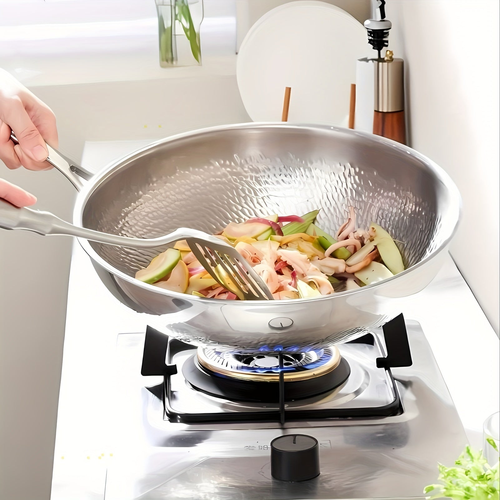 Titanium-Coated Wok with Lid 33cm Hammered Tri-Ply Stainless Steel Dishwasher Safe