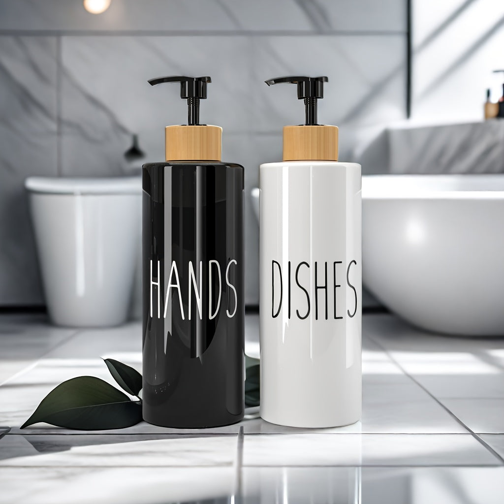 Set of 2 Refillable Soap Dispensers with 16.91oz PET Plastic Bottles and Wooden Tray