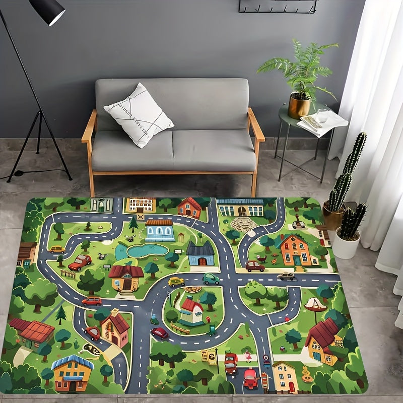 Alfombra de diseño de pueblo de dibujos animados verdes para habitaciones infantiles y espacios de estar