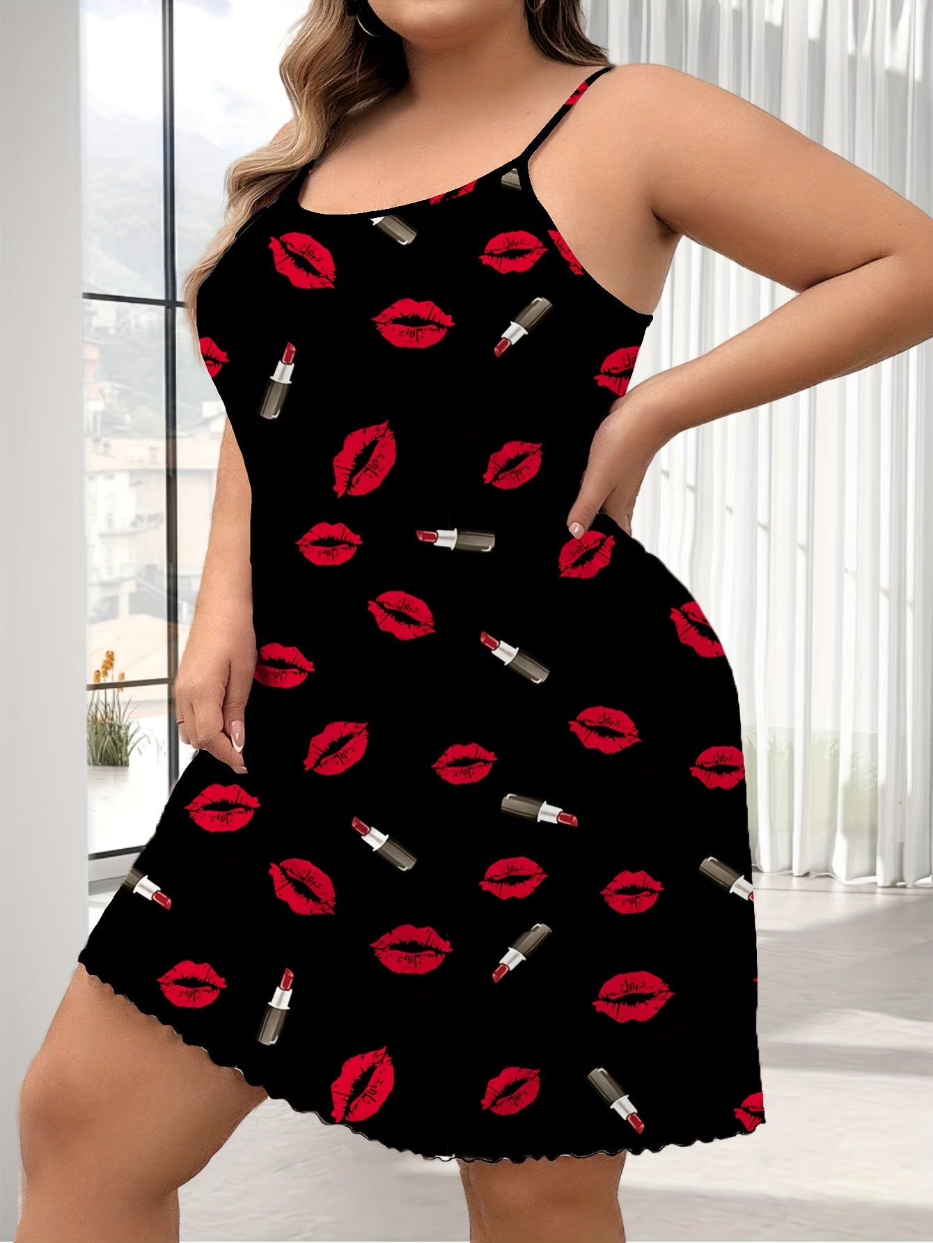 Plus Size Women's Sleepwear Lip Print Sleeveless Nightgown Black Red Ruffled Hem