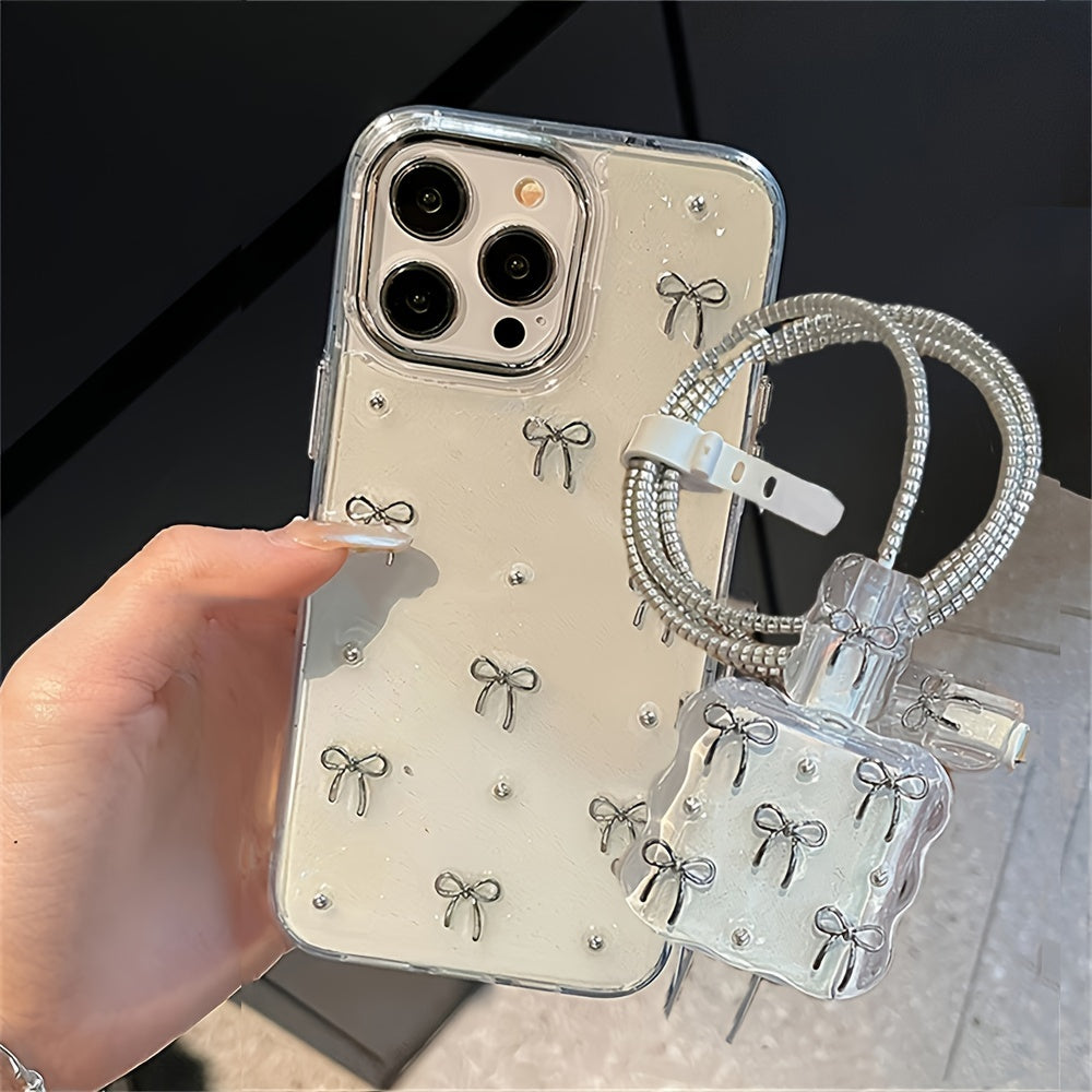 Luxury Bowknot Epoxy Phone Case and Charger Cover for iPhone 11-16 Pro Max Soft Back